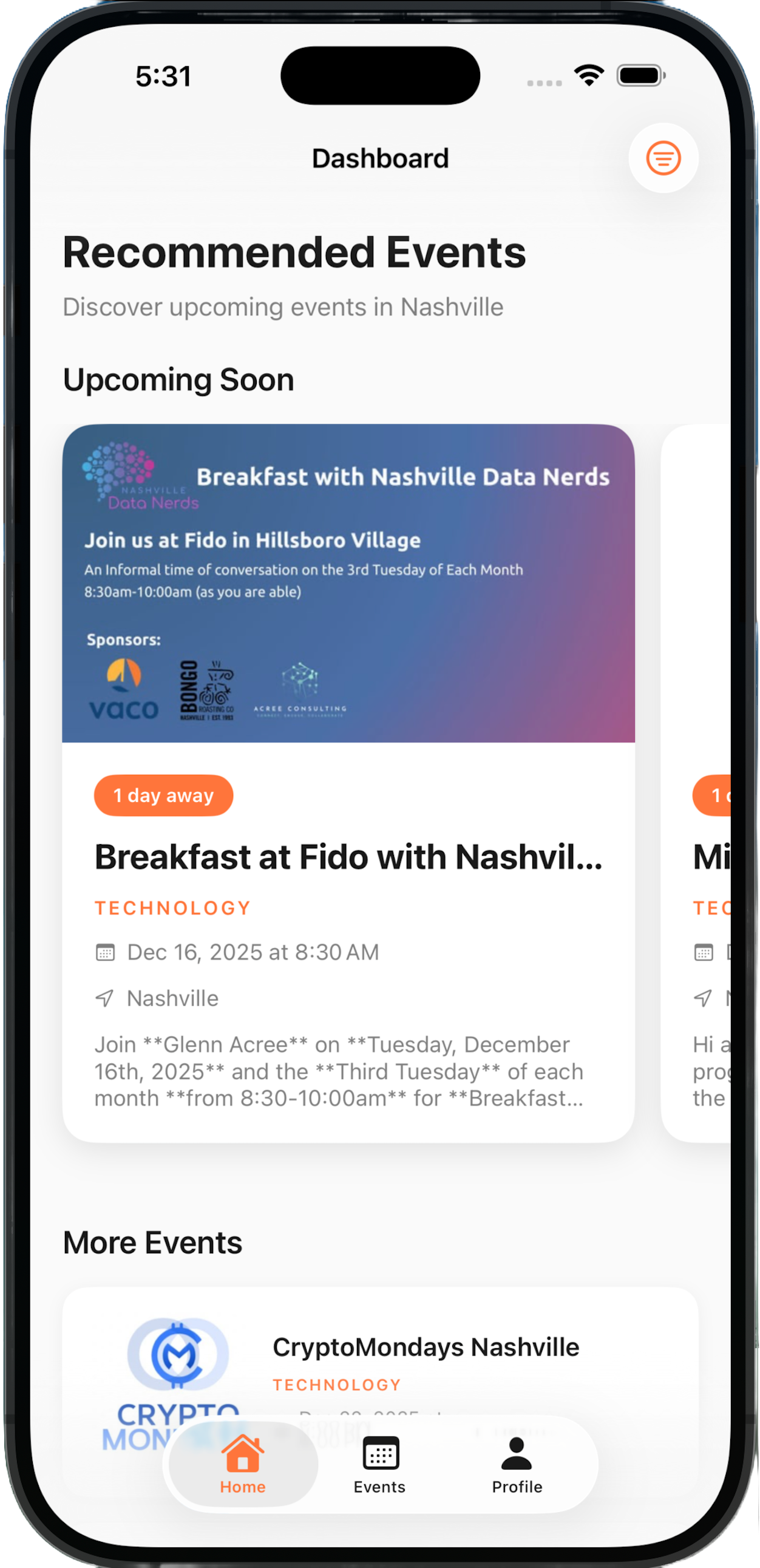 Connective on iPhone showing upcoming events